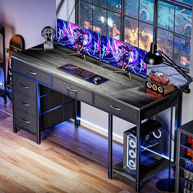 Computer Desk with 6 Drawers, 47 Inch Office Desk with Shelves, Reversible Gaming Desk, Corner Desk with Storage, Work Desk for Home Office, Study, Living Room, Gray - LeafyLoom