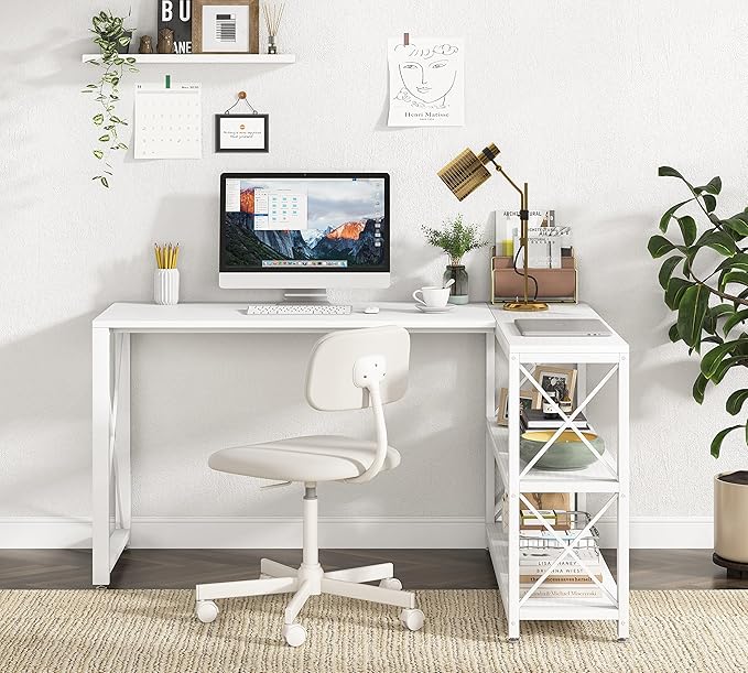 Tribesigns Reversible Industrial L-Shaped Desk with Storage Shelves, Corner Computer Desk PC Laptop Study Table Workstation for Home Office Small Space (White, 53") - LeafyLoom