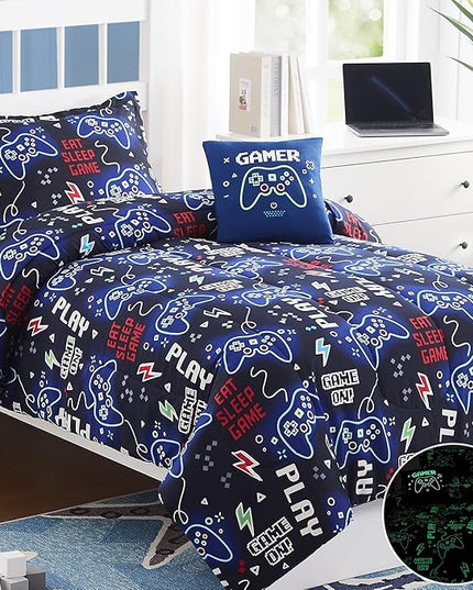 Kids Comforter Set Twin Size for Boys, Glow in The Dark Black Gamer Bedding Set Twin-1 Twin Comforter, 1 Decor Pillow, 1 Pillow Sham - LeafyLoom