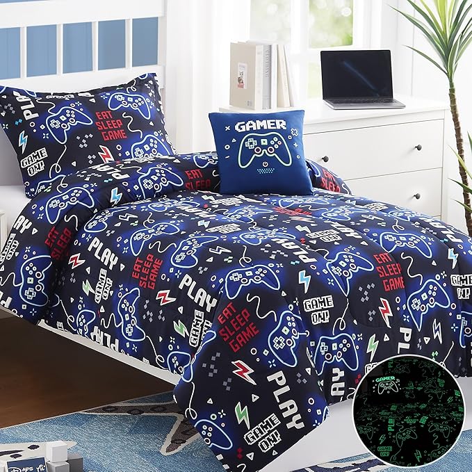 KALEIDOSPACE Kids Comforter Set Full Size for Boys, Glow in The Dark Gamer Bedding Set Full-1 Full Comforter, 1 Decor Pillow, 2 Pillow Shams - LeafyLoom