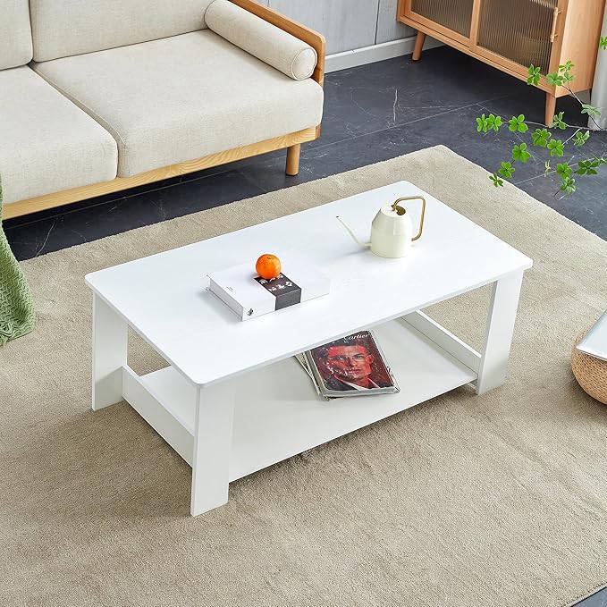 Farmhouse Wood Coffee Table - Boho Tea Table with Storage Shelf, Rectangle Center Table Wood Look Accent Table, 2-Tier Sofa Side Table Modern Rectangular Coffee Table Living Room Furniture - LeafyLoom