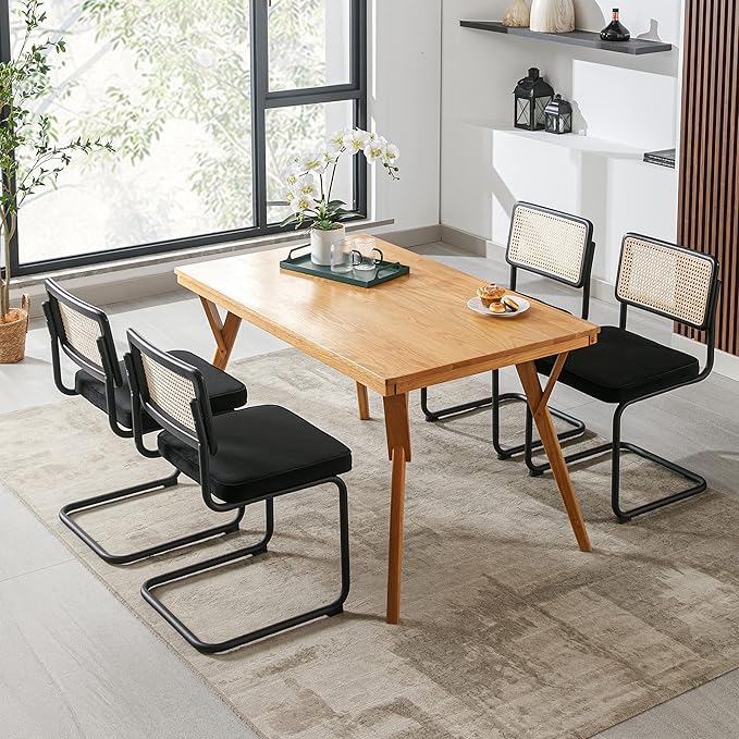 Zesthouse Rattan Dining Chairs Set of 2, Velvet Accent Chairs with Natural Cane Back & Stainless Chrome Base, Modern Mid Century Breuer Designed Chairs, Upholstered Dining Room Kitchen Chairs - LeafyLoom