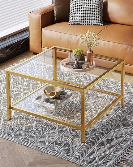 SAYGOER Glass Coffee Table with Storage 2-Tier Square Glass Center Table for Living Room Home Office with Gold Metal Frame Modern Table for Small Spaces - LeafyLoom