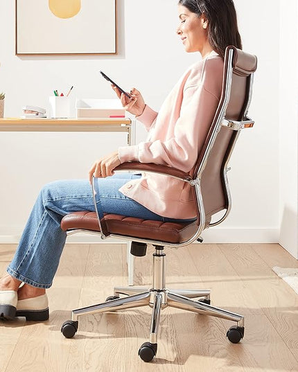 Amazon Basics Executive Modern High-Back Adjustable Rolling Office Computer Desk Chair with Armrests, 360 Swivel, 330 Pound Capacity, 23.25"D x 24.75"W x 45.25"H, Chrome, Brick Red Faux Leather - LeafyLoom