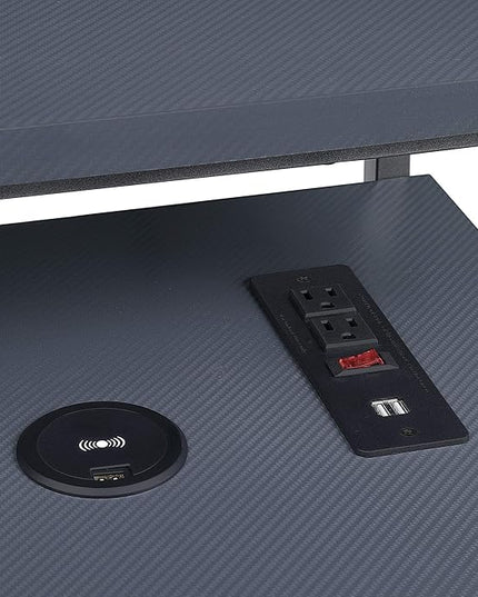 OSP Home Furnishings Reload Gaming Desk with Wireless Charging, USB Power Hub, and Remote Controlled RGB LED Lights, Matte Grey Carbon Fiber - LeafyLoom
