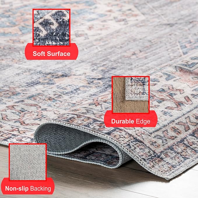 nuLOOM Drina Distressed Machine Washable Ultra Thin Area Rug, 3' x 5', Blue - LeafyLoom