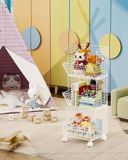 3 Tier Rolling Wire Toy Organizer Basket - with Wheel, S-Hooks, Toy Storage Cart Wall Bookshelf for Kids Room, Playroom, Bedroom (White, Standard) - LeafyLoom