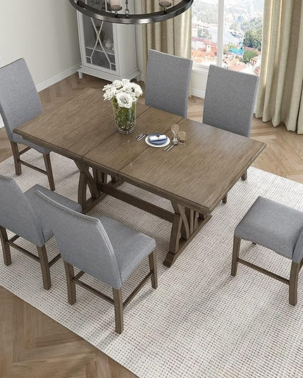 60 Inch Dining Table Set for 6, Mid-Century Solid Wood Extendable Dining Table with Upholstered Chairs and 12" Leaf, Kitchen Table Set for Living Room, Golden Brown+Grey - LeafyLoom