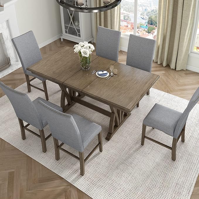 60 Inch Dining Table Set for 6, Mid-Century Solid Wood Extendable Dining Table with Upholstered Chairs and 12" Leaf, Kitchen Table Set for Living Room, Golden Brown+Grey - LeafyLoom