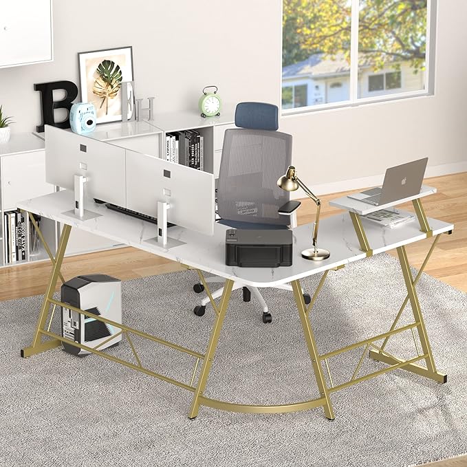 Mr IRONSTONE 63" L Shaped Gaming Desk, Corner Computer Desk, Home Office Writing Desk with Sturdy Monitor Shelf, Spacious L Shaped Desk Workstation, Easy to Assemble, Laminate Marble - LeafyLoom