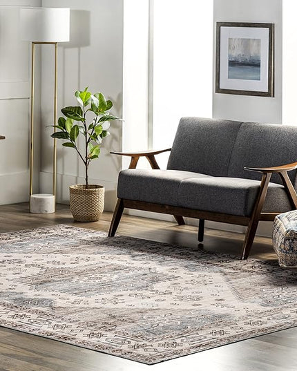 nuLOOM Emani Machine Washable Medallion Ultra Thin Area Rug, 8' x 10', Beige - LeafyLoom