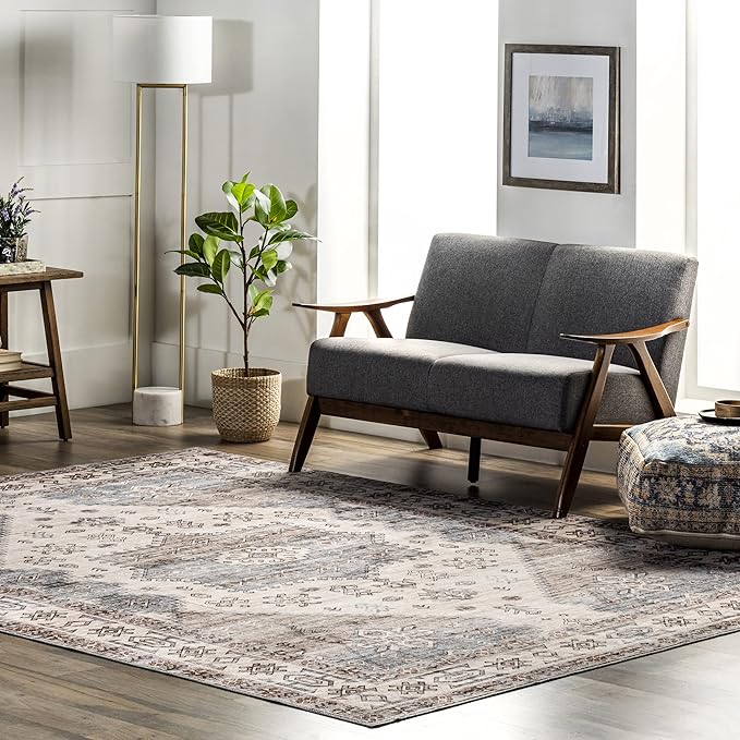 nuLOOM Emani Machine Washable Medallion Ultra Thin Area Rug, 8' x 10', Beige - LeafyLoom
