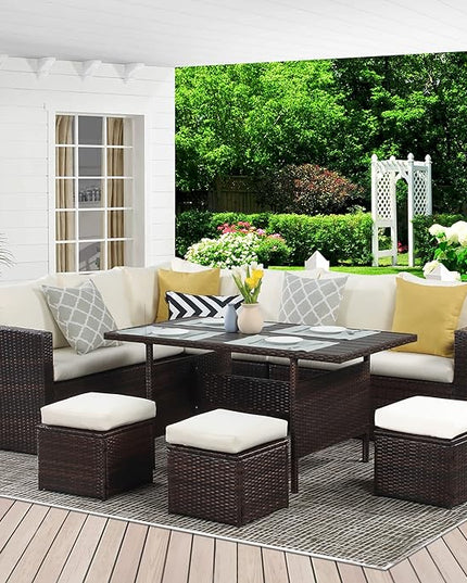 Wisteria Lane Patio Furniture Set, 7 Piece Outdoor Dining Sectional Sofa with Dining Table and Chair, All Weather Wicker Conversation Set with Ottoman, Ivory - LeafyLoom
