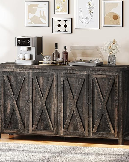 YITAHOME Farmhouse Sideboard Buffet Cabinet with Storage with 4 Doors, 55'' Large Kitchen Storage Cabinet, Wood Coffee Bar Cabinet with Adjustable Shelf for Kitchen, Living Room, Dark Oak - LeafyLoom