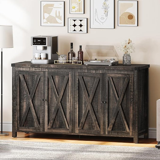 YITAHOME Farmhouse Sideboard Buffet Cabinet with Storage with 4 Doors, 55'' Large Kitchen Storage Cabinet, Wood Coffee Bar Cabinet with Adjustable Shelf for Kitchen, Living Room, Dark Oak - LeafyLoom