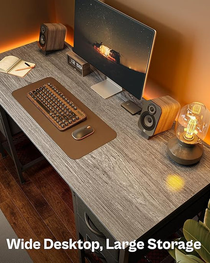 47 Inch Computer Desk with 4 Drawers, Office Desk with Mesh Shelf, Gaming Desk, Large Storage, Writing Desk Work Desk for Home Office, Study, Bedroom, Work from Home, Grey - LeafyLoom