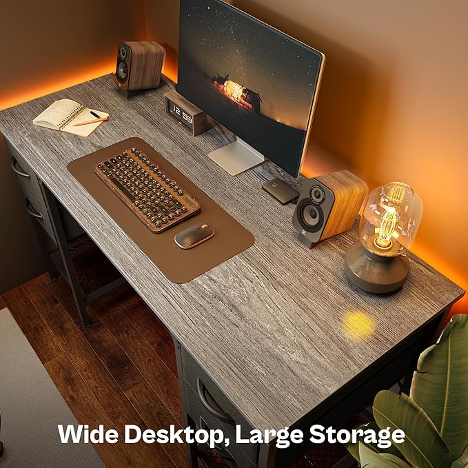 47 Inch Computer Desk with 4 Drawers, Office Desk with Mesh Shelf, Gaming Desk, Large Storage, Writing Desk Work Desk for Home Office, Study, Bedroom, Work from Home, Grey - LeafyLoom