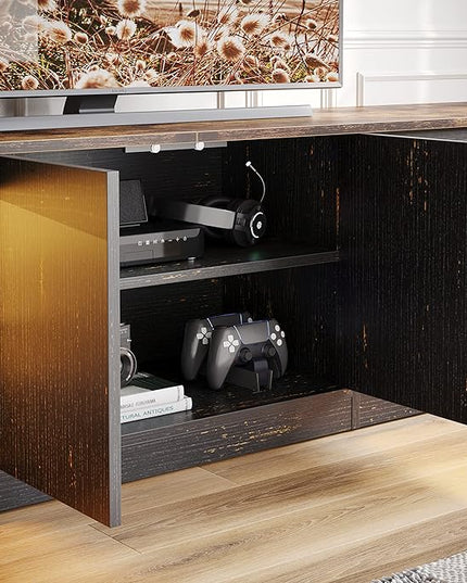 Bestier 70 Inch Led TV Stand for 75 Inch TV Large Entertainment Center Gaming with Adjustable Glass Shelves Two Cabinets Modern TV Console for Living Room 22 RGB Modes, Golden Black - LeafyLoom
