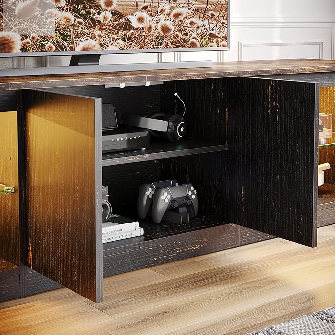 Bestier 70 Inch Led TV Stand for 75 Inch TV Large Entertainment Center Gaming with Adjustable Glass Shelves Two Cabinets Modern TV Console for Living Room 22 RGB Modes, Golden Black - LeafyLoom