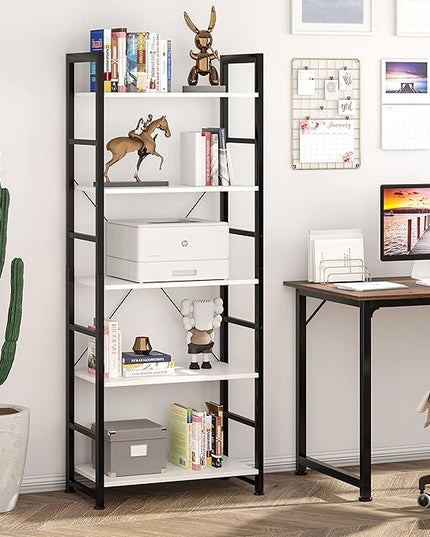 VERMESS Industrial Bookshelf, 5-Tier 24inch White Shelving Unit Wood Bookcase with Open Shelves, Rustic Standing Bookshelves Metal Frame Display Rack for Living Room,Bedroom, 24 * 11.8 * 63 inch - LeafyLoom