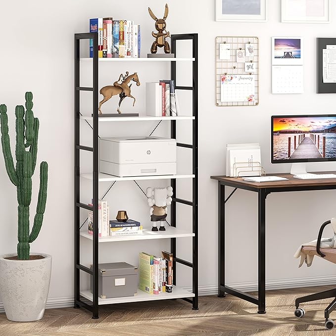 VERMESS Industrial Bookshelf, 5-Tier 24inch White Shelving Unit Wood Bookcase with Open Shelves, Rustic Standing Bookshelves Metal Frame Display Rack for Living Room,Bedroom, 24 * 11.8 * 63 inch - LeafyLoom