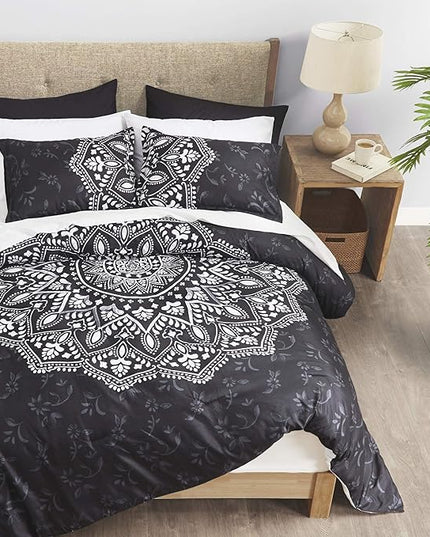 Comfort Spaces Bed in A Bag - Trendy Casual Design Cozy Comforter with Complete Sheet Set with Side Pocket, All Season Cover, Matching Shams, Queen(90"x90"), Ava Medallion Black 9 Piece - LeafyLoom