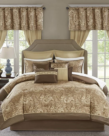 Madison Park Essentials Brystol 24 Piece Room in a Bag Faux Silk Comforter Jacquard Paisley Design Matching Curtains Down Alternative Hypoallergenic All Season Bedding-Set, King(104"x92"), Brown - LeafyLoom