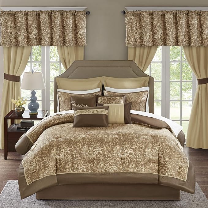 Madison Park Essentials Brystol 24 Piece Room in a Bag Faux Silk Comforter Jacquard Paisley Design Matching Curtains Down Alternative Hypoallergenic All Season Bedding-Set, King(104"x92"), Brown - LeafyLoom