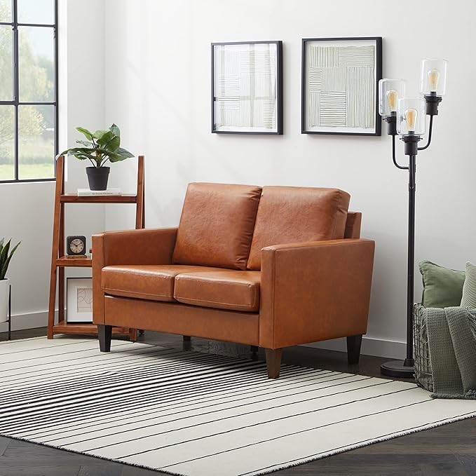 Edenbrook Archer Upholstered Loveseat - Camel Faux Leather Loveseat - Living Room Furniture - Small Loveseat - Mid Century Modern Loveseat - Seats Two - LeafyLoom