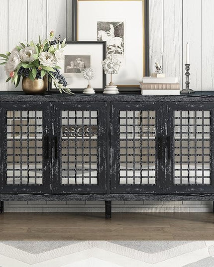 Merax Sideboard Buffet Cabinet, with Storage and 4 Mirror Doors, Retro Farmhouse Style, for Living, Dining Room and Kitchen, Black - LeafyLoom