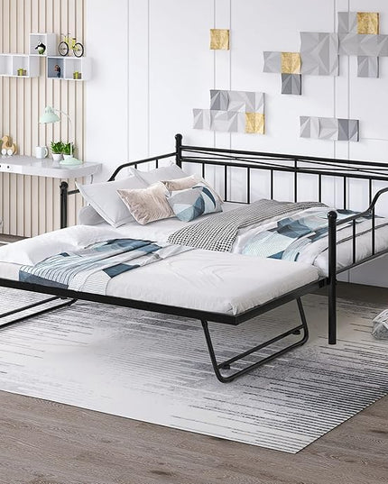Full Daybed with Trundle Bed Twin, Metal Day Bed Frame with Pop Up Trundle, Metal Sofa Bed with Portable Folding Trundle for Bedroom, Living Room, Guest Room, Home, No Box Spring Needed, Black - LeafyLoom