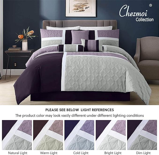 Chezmoi Collection Upland 7-Piece Quilted Patchwork Comforter Set, Lavender/Gray/Purple, California King - LeafyLoom