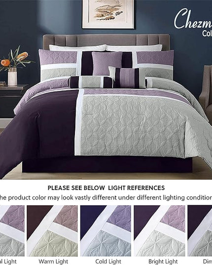 Chezmoi Collection Upland 7-Piece Quilted Patchwork Comforter Set, Lavender/Gray/Purple, Queen - LeafyLoom