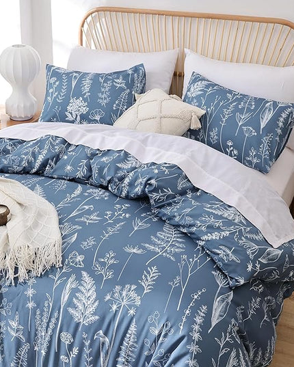 JANZAA Comforters Queen Size Queen Comforter Blue Bedding Cute Floral Bed Set, Lightweight Soft Botanical Flower Comforter and 2 Pillow Cases All Season - LeafyLoom