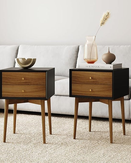 Nathan James Harper Modern Nightstand Side Accent or End Table with Storage Drawer, Set of 2, Black/Brown - LeafyLoom
