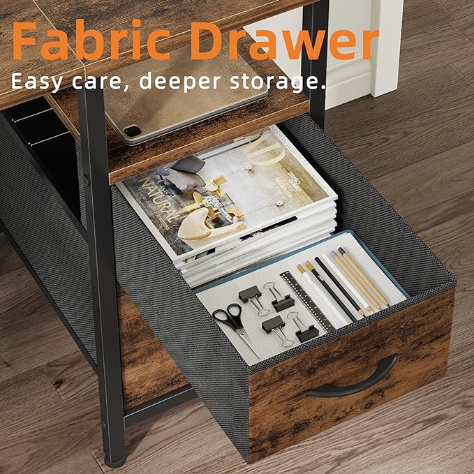 63'' Office Desk with 4 Fabric File Drawers - File Drawer Organization, Computer Work Desk, Study Writing Table, Home Office Workstation, Rustic Brown. - LeafyLoom