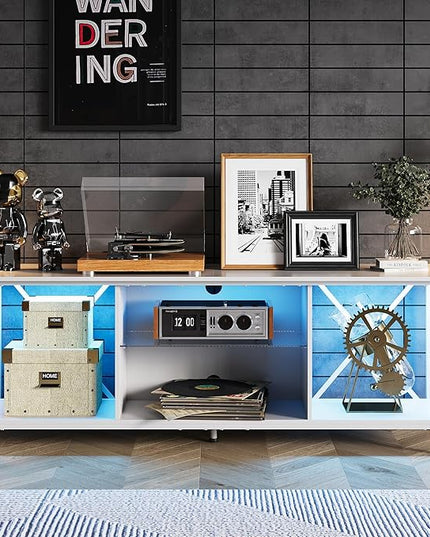 WLIVE TV Stand up to 65 Inch TV, 55" Entertainment Center with LED, Industrial TV Console with Glass Shelf for Living Room and Bedroom, White - LeafyLoom