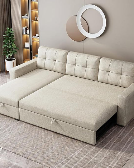 81.5" Sectional Sleeper Sofa with Storage Chaise, L Shaped Pull Out Couch Bed with 3 Removable Back Cushion for Living Room, Apartment,Office,Beige - LeafyLoom