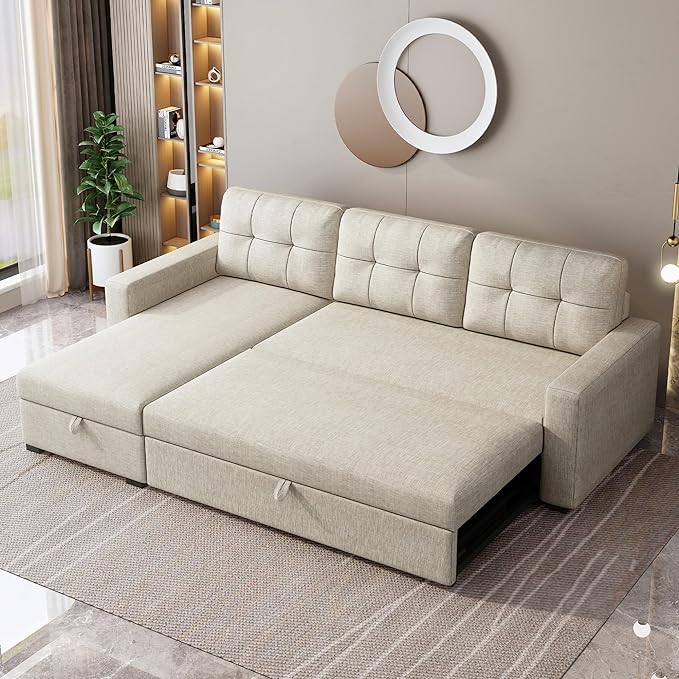 81.5" Sectional Sleeper Sofa with Storage Chaise, L Shaped Pull Out Couch Bed with 3 Removable Back Cushion for Living Room, Apartment,Office,Beige - LeafyLoom