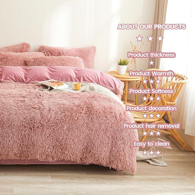 Old Pink Plush Fluffy Comforter Cover Set Queen - Ultra Soft Faux Fur Old Pink Bedding Sets 3 Pieces (1 Fuzzy Duvet Cover + 2 Pillow case) Shaggy Bed Set (Old Pink, Queen) - LeafyLoom