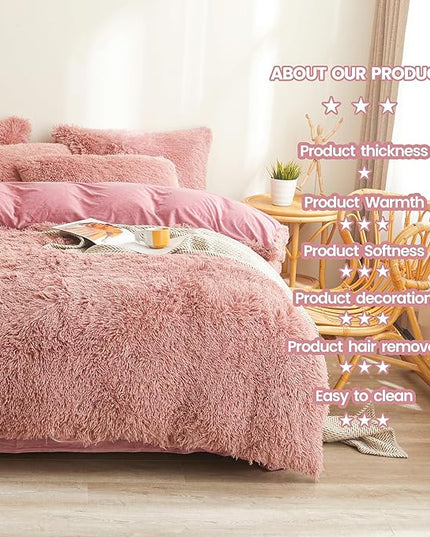 FOPPA Old Pink fluffy Comforter Cover Set king- Ultra Soft fluffy Old Pink Bedding Sets 3 Pieces (1 Duvet Cover + 2 Pillow case) Old Pink fluffy bed set (Old Pink, King) - LeafyLoom