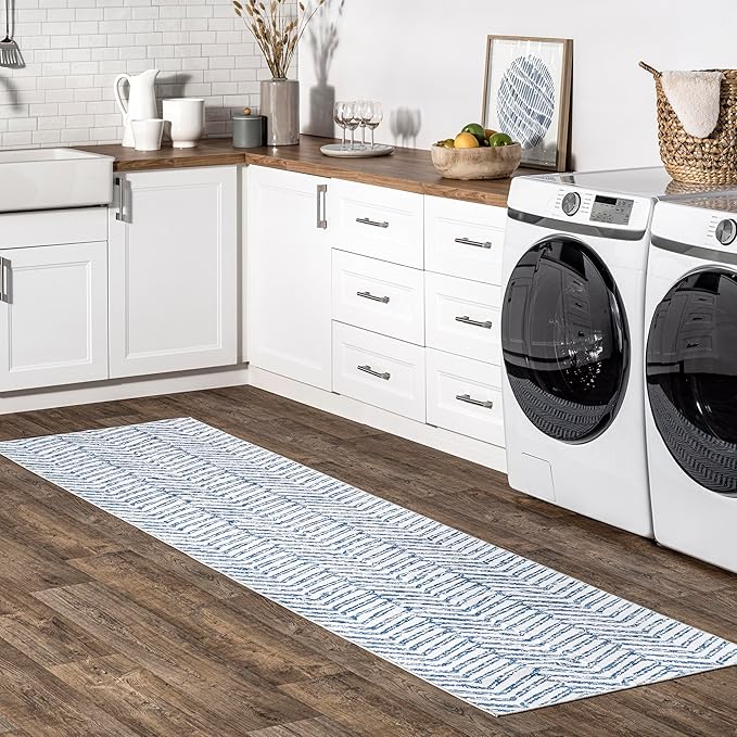 nuLOOM Rosanne Machine Washable Geometric Ultra Thin Runner Rug, 2' 6" x 6', Blue - LeafyLoom