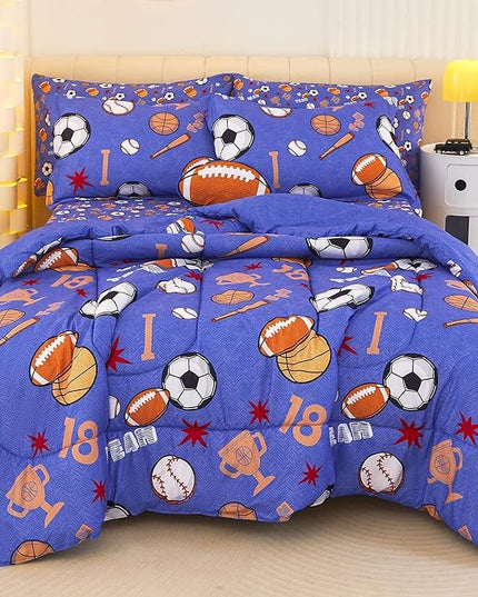 Mooreeke Bed in a Bag for Kids Boys Teens, 8 Pieces Full Size Comforter Bed Set with Shams, Sheet Set and Decorative Toy Pillow, Balls Blue Super Soft Microfiber Kids Comforter Bedding Set - LeafyLoom