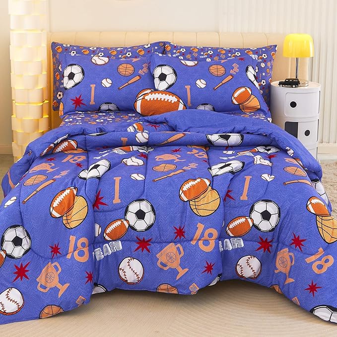 Mooreeke Bed in a Bag for Kids Boys Teens, 8 Pieces Full Size Comforter Bed Set with Shams, Sheet Set and Decorative Toy Pillow, Balls Blue Super Soft Microfiber Kids Comforter Bedding Set - LeafyLoom