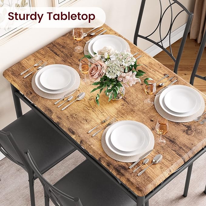 Dining Table Set, 5 Piece Dining Table set for 4, Rectangle Kitchen Table Set with 4 Upholstered Chairs, Dining Table Set for Small Space, Apartment, Retro Brown - LeafyLoom
