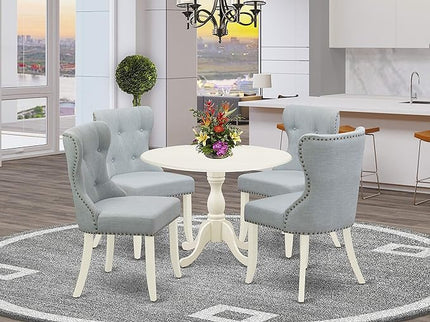 East West Furniture DMSI5-LWH-15 5 Piece Kitchen Table Set for 4 Includes a Round Dining Room Table with Dropleaf and 4 Baby Blue Linen Fabric Parson Dining Chairs, 42x42 Inch, Linen White - LeafyLoom