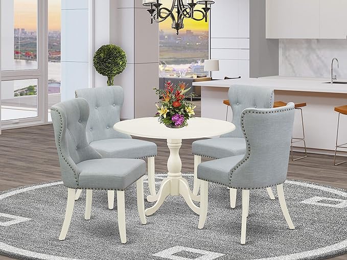 East West Furniture DMSI5-LWH-15 5 Piece Kitchen Table Set for 4 Includes a Round Dining Room Table with Dropleaf and 4 Baby Blue Linen Fabric Parson Dining Chairs, 42x42 Inch, Linen White - LeafyLoom
