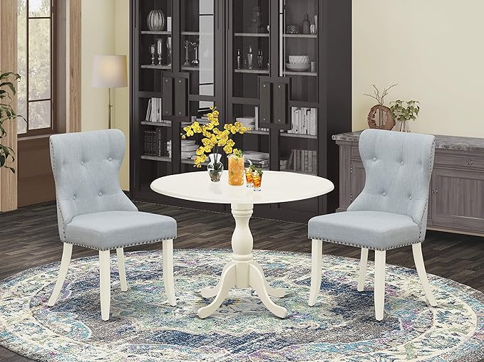 East West Furniture DMSI3-LWH-15 3 Piece Dining Table Set Contains a Round Dining Room Table with Dropleaf and 2 Baby Blue Linen Fabric Upholstered Kitchen Chairs, 42x42 Inch, Linen White - LeafyLoom