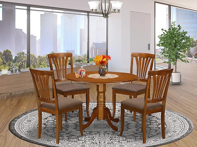 East West Furniture DLAV5-SBR-C 5 Piece Dinette Set for 4 Includes a Round Dining Table with Dropleaf and 4 Linen Fabric Dining Room Chairs, 42x42 Inch, Saddle Brown - LeafyLoom