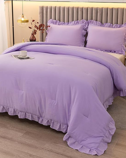 Andency Lavender Twin Size Comforter(66x90Inch), 2 Pieces(1 Ruffle Comforter and 1 Pillowcase) Solid Farmhouse Shabby Chic Comforter, Lighteweight and Soft Microfiber Bedding Set - LeafyLoom